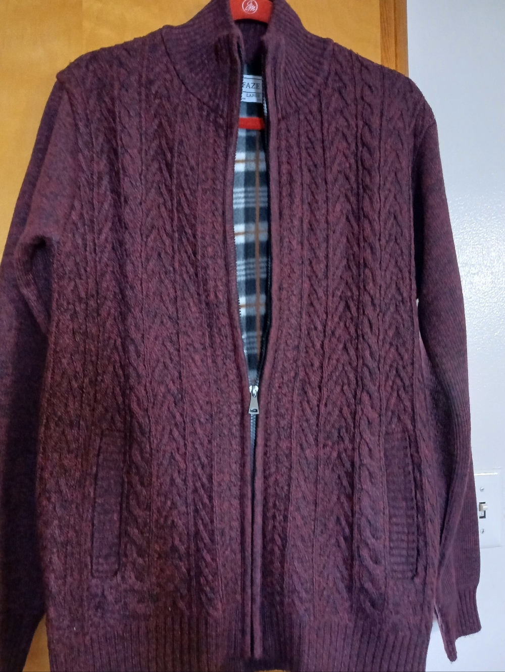 Men's Zip-Up Cable Knit Sweater with Plaid Lining - Brown